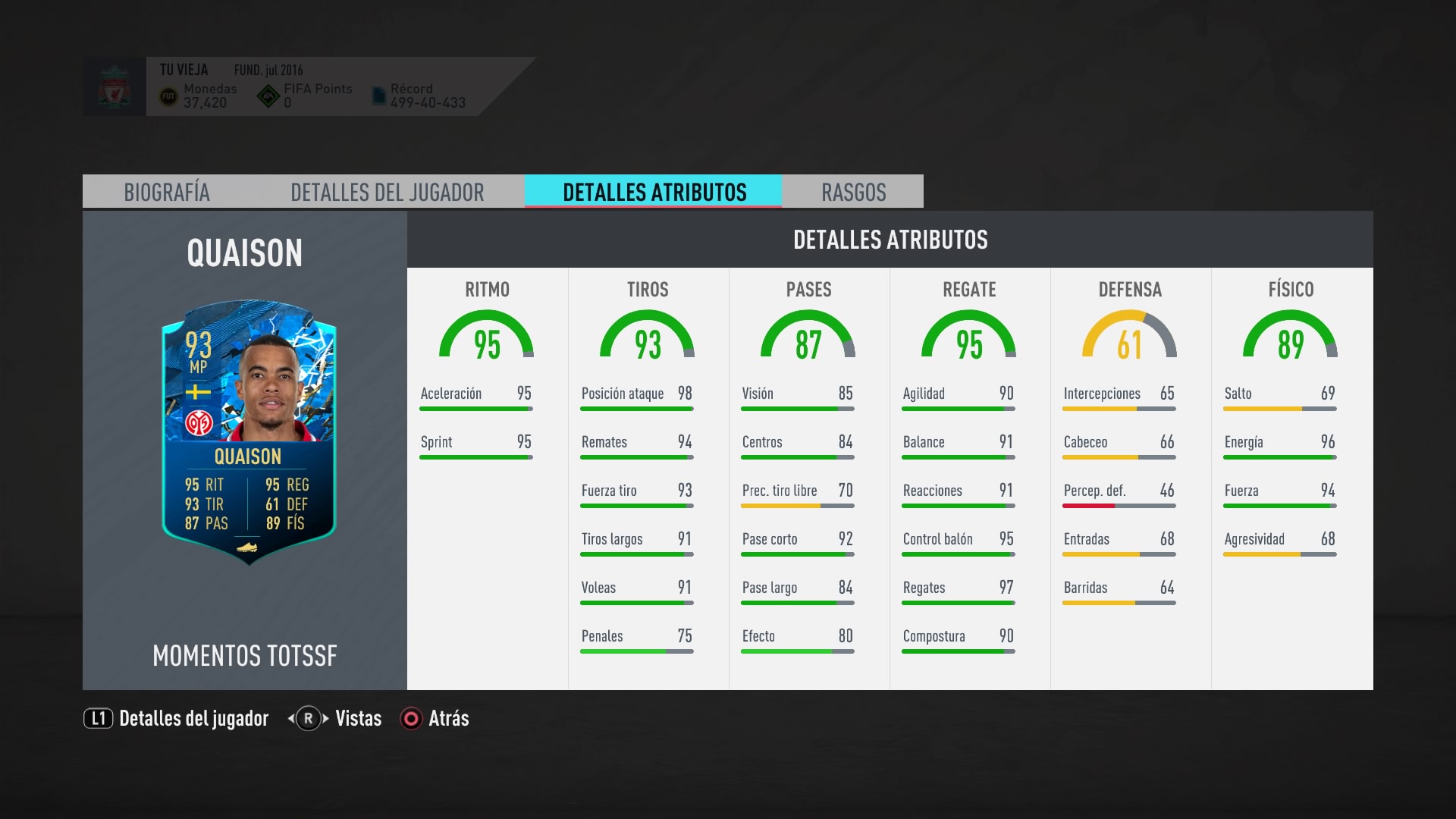 FIFA20 Quaison Atributos