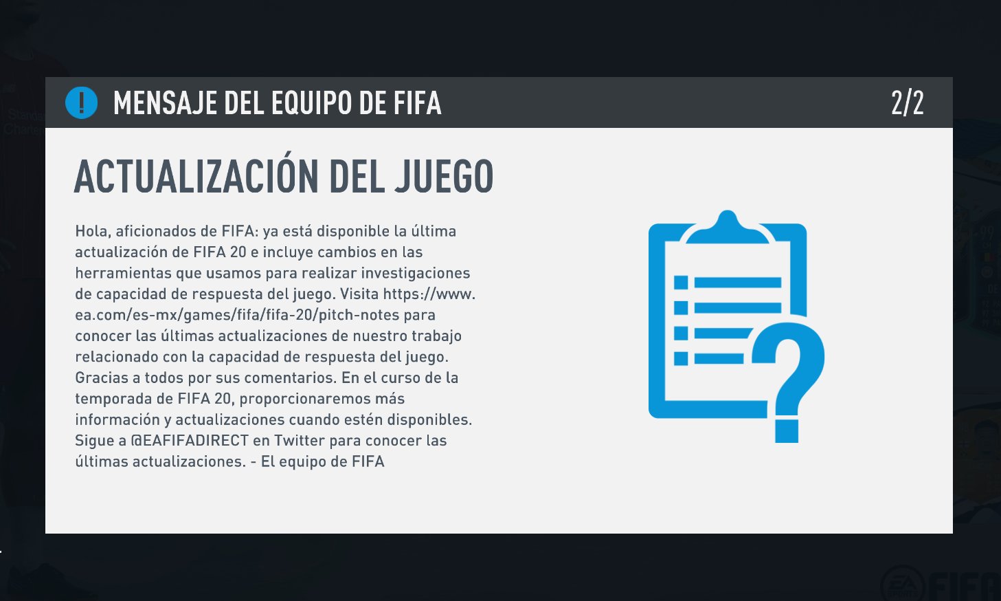 Actualización 18 de FIFA20 Notas