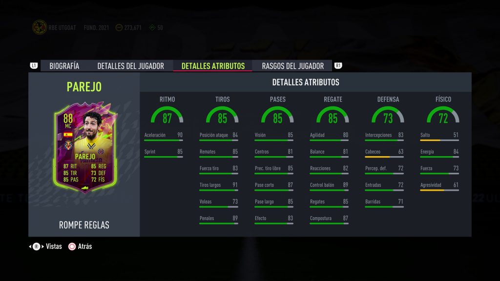 FIFA22 Dani Parejo Atributos